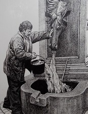 Original Scraperboard & ink , 'Horsehead watering Trough', Lorraine Abraham