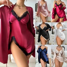 2PCS Womens  Satin Silk Sexy Nightdress + Bathrobe Gown Nightwear Lingerie Set