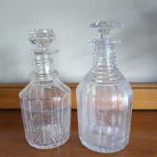 Pair 19th Century Cut Glass Mallet Decanters Star Base Three Ring Cut Neck 
