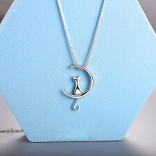Cat Moon Stud Earring Pendant 925 Sterling Silver Necklace Womens Jewellery Gift