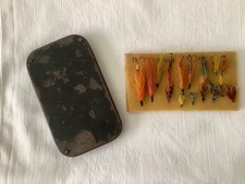 Vintage Japanned Salmon Fly Box and Vintage Waddington/Dressed Treble Flies