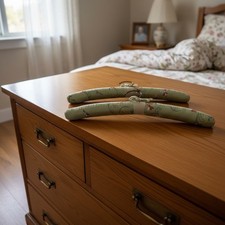 Vintage Green Satin Embroidered Padded Clothes Hangers – Pair