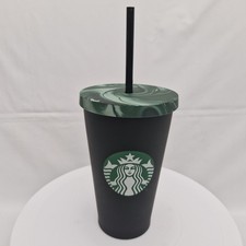 STARBUCKS Tumbler Thermal Mug Straw Black Green Marble Lid Logo 16cm Plastic