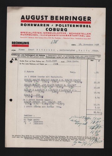 Coburg invoice 1938 - 1938,, august