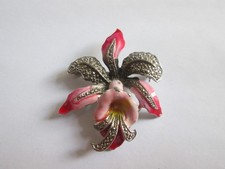 Vintage Enamel Marcasite Pink Oriental Lily Flower Brooch Pin