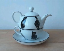 Past Times Cat Teapot Set with Cup & Saucer Tea for One Black White Porcelain 