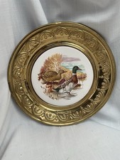 Vintage Pressed Metal Plates With Ceramic Duck Picture Charger Decorative