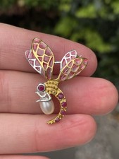 Silver Plique A Jour Enamel Ruby Cultured Pearl Dragonfly Brooch 3.6 Grams