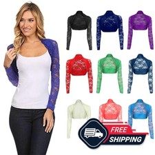 Womens Long Sleeves Lace Shrug Ladies Cropped Bolero Jacket Cardigan Top UK 8-26