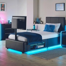 AVA Upholstered Leather TV Bed Frame Storage LED Lights 3ft 4ft 4ft6 5ft BLACK