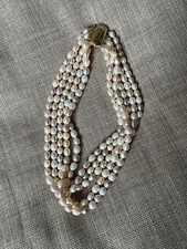 Freshwater seed pearl necklace pink, cream colour, multi strand gold tone clasp