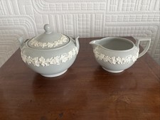 Wedgwood Embossed Queensware cream on grey Milk Jug & Sugar Bowl