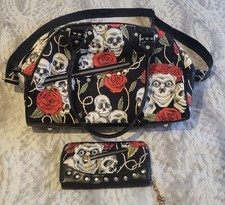 Stunning Matching Handbag And Purse Set. Skull And Roses. VGC.
