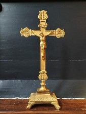 Antique Victorian Religious Cross,Gilt Metal Altar Crucifix,Jesus,Ornate,Baroque