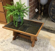 Small Vintage Brutalist Pegged Oak & Slate Table Coffee Lamp Side End Table MCM