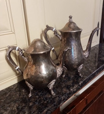 2 Vintage Antique M&R silver plated ornate coffee pot & Water Jug with lion feet