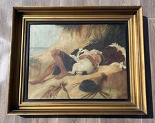 Early Victorian Oil Painting Boy Sleeping On Beach With His Dogs (Belfast)