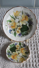 FENTON English Bone China Small Trinket Pin dish & Plate. Floral Daffodils