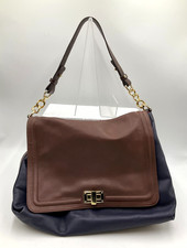 Russell & Bromley leather messenger laptop tote bag large brown and navy B1