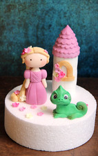 Handmade princess Rapunzel, chameleon Pascal & castle tower fondant cake toppers