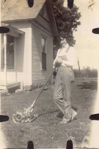Tall woman lawn - woman, mower