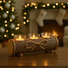 Christmas Log Candle Holder Tealight Home Decor Xmas Gift Wooden Effect MDF
