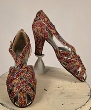 FLAPPER 1920’S PRINT SILK HIGH HEEL SHOES W BASKET WEAVE VAMP EDGED IN SILVER 