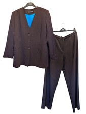 Jacques Vert 2 piece jacket trousers blue pin stipe brown smart size 18 wool mix