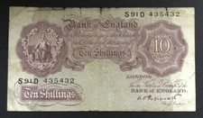 Banknote Of England Ten Shillings Mauve KO. Peppiatt. S91D. Circulated Condition