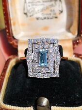Stunning Art Deco Style Aquamarine & Diamond Statement Ring 14ct Gold