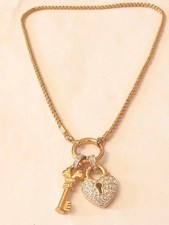 Statement Gold Tone Crystal Heart Padlock & Key Pendant Rope Chain Necklace 18"