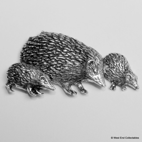 Hedgehog family pewter - family, brooch