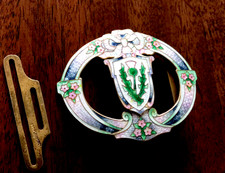 Antique Silver Enamel Buckle Gilded Scottish Thistle Flowers Swags Gorgeous