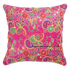 Pink Indian Ethnic Paisley Embroidered Silk Dupioni Cushion Covers Handmade 16”