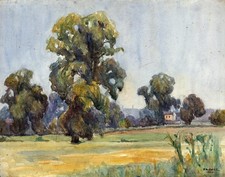 TREES & COTTAGE LANDSCAPE Antique Watercolour Painting HARRY WALTER YORKE 1925