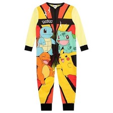 Kids Pokemon All In One Cosy Fleece Pjs Pikachu Pyjamas Zipped Boys Loungewear
