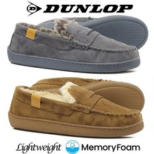 MENS MEMORY FOAM SLIPPERS DUNLOP MOCCASINS LOAFERS SLIPON COMFY INDOOR WARM SHOE