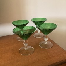 Beautiful Hand Blown Bubble Glass Cocktail Glasses X4 / Green & Clear/ Cocktail