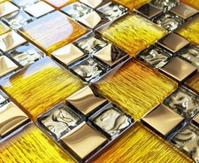 Luxury Golden Iridescent Glass Foil & Gold Metal Square Mosaic Wall Tile 8mm