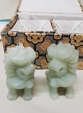 Jade Stone Lions Set of 2 Carved with Box Chinese Hardstone PRE-OWNED AUCTION