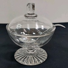 Covered Pedestal Sugar Bowl Clear Glass With Metal Sifter Sprinkler Spoon Vtg