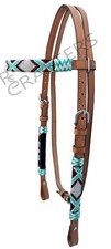 Leather Western Headstall Bridle Browband Hand Braided colourful beads Raw Hide
