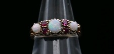Antique Gold Firey Cabochon Opal & Pink Sapphire Ring, Band Size O US 7-7.25