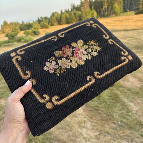 Vintage footstool black floral - vintage,