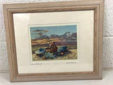 Framed "Sidmouth Boats " Print Signed by Sylvia Bance Pale Wood Frame 17 x 14"