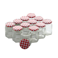 NEW JAM JARS 250ML WIDE MOUTH GLASS PRESERVE POTS GINGHAM RED LIDS MODERN ZENO