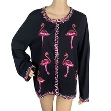 Michael Simon Event RARE Flamingo Sequin Embroidered Black Pink Cardigan SZ XL