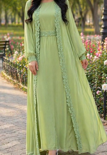 Green lace abaya - with, belt
