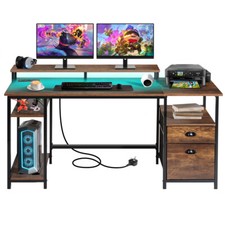 Large Computer Desk Home Office Desk with Monitor Stand Power Outlet 2 Drawers