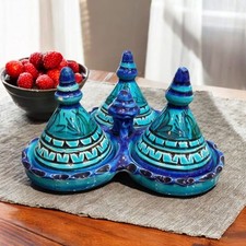 Set of 3 Handmade Moroccan Pottery Tagines for Spices and Sauces, dark green 